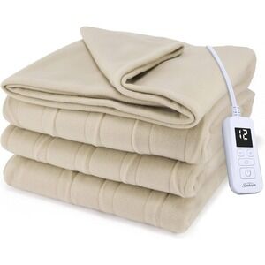 Sunbeam Royal Ultra Fleece Electric Heated Blanket Twin 12 Heat Settings Beige